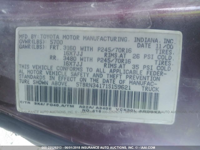 5TBRN34171S159621 - 2001 TOYOTA TUNDRA ACCESS CAB SR5 BURGUNDY photo 9