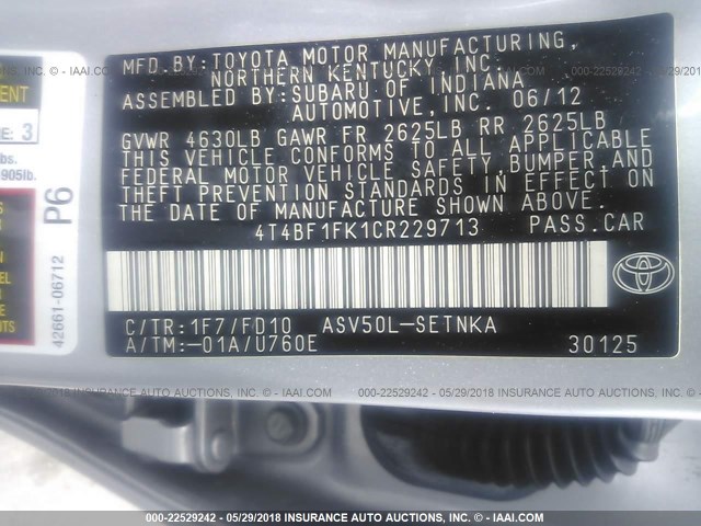 4T4BF1FK1CR229713 - 2012 TOYOTA CAMRY SE/LE/XLE SILVER photo 9