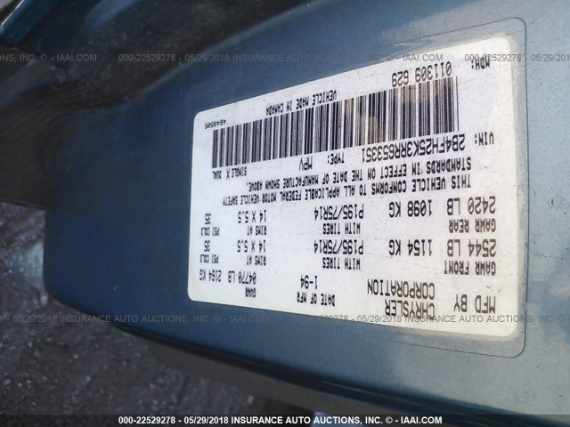 2B4FH25K3RR653351 - 1994 DODGE CARAVAN BLUE photo 9