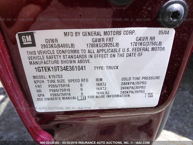 1GTEK19T34E361041 - 2004 GMC NEW SIERRA K1500 MAROON photo 9