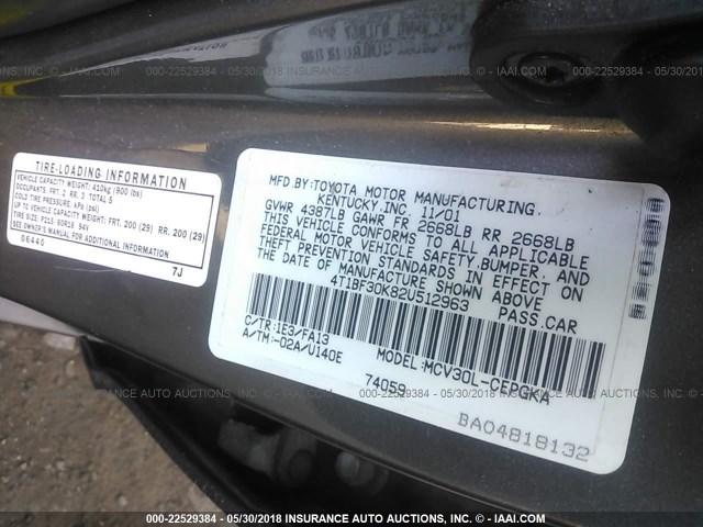 4T1BF30K82U512963 - 2002 TOYOTA CAMRY LE/XLE/SE GRAY photo 9