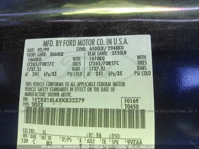 1FTRX18L6XKB32279 - 1999 FORD F150 ლურჯი ფოტო 9