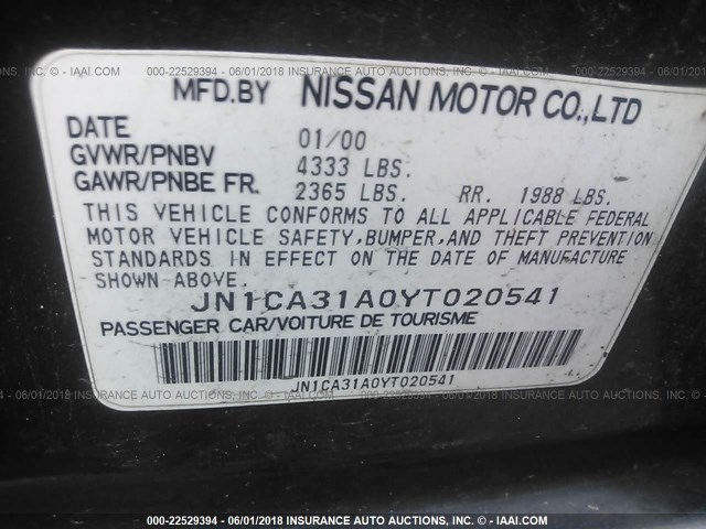 JN1CA31A0YT020541 - 2000 NISSAN MAXIMA GLE/GXE/SE GRAY photo 9