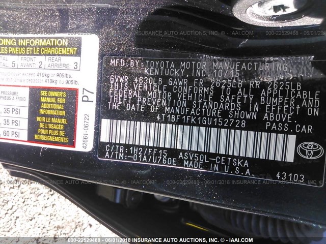 4T1BF1FK1GU152728 - 2016 TOYOTA CAMRY LE/XLE/SE/XSE 深蓝色 照片 9