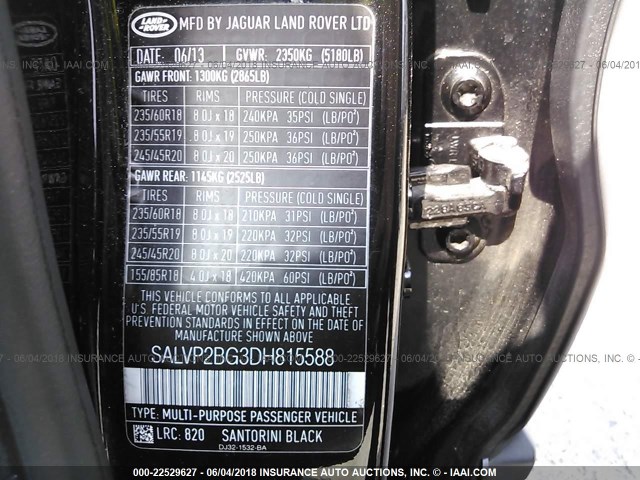 SALVP2BG3DH815588 - 2013 LAND ROVER RANGE ROVER EVOQU PURE PLUS BLACK photo 9