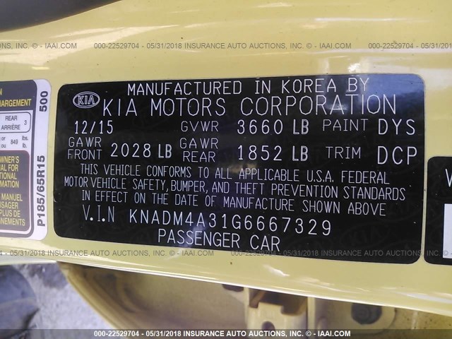 KNADM4A31G6667329 - 2016 KIA RIO LX YELLOW photo 9