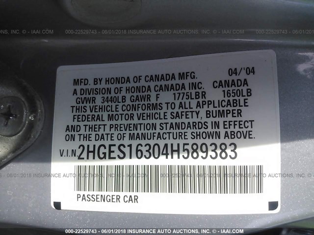 2HGES16304H589383 - 2004 HONDA CIVIC DX VP SILVER photo 9