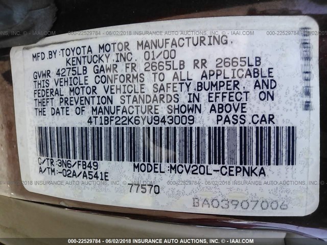 4T1BF22K6YU943009 - 2000 TOYOTA CAMRY LE/XLE 栗色 照片 9