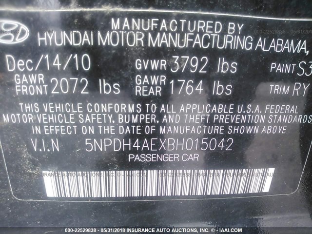 5NPDH4AEXBH015042 - 2011 HYUNDAI ELANTRA GLS/LIMITED BLACK photo 9