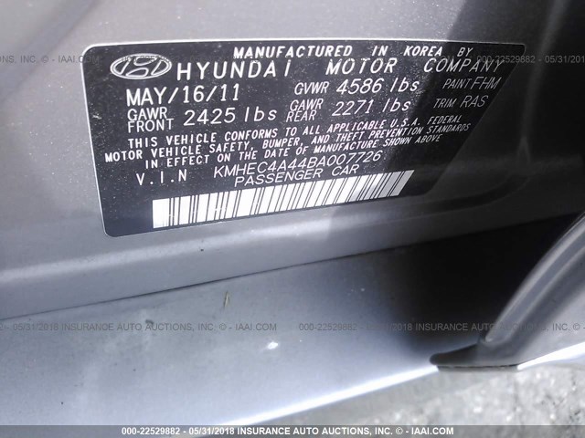 KMHEC4A44BA007726 - 2011 HYUNDAI SONATA HYBRID SILVER photo 9