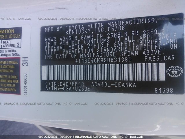 4T1BE46K89U831385 - 2009 TOYOTA CAMRY SE/LE/XLE 白色 照片 9