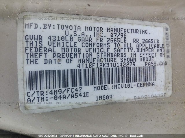 4T1BF12K3TU142279 - 1996 TOYOTA CAMRY LE/XLE/SE 金色 照片 9