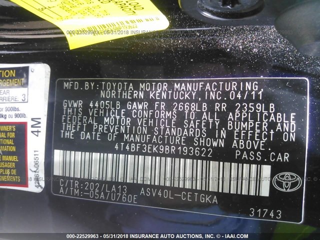 4T4BF3EK9BR193622 - 2011 TOYOTA CAMRY SE/LE/XLE BLACK photo 9