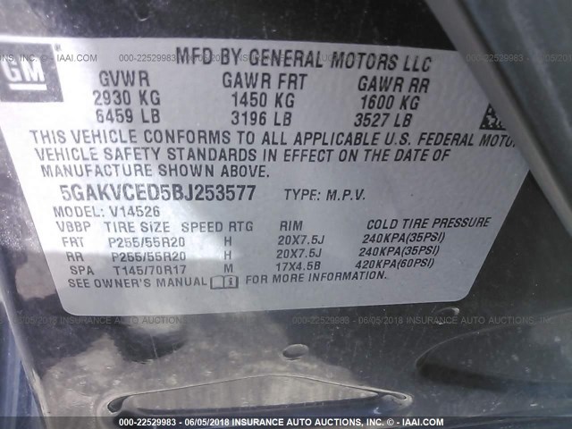 5GAKVCED5BJ253577 - 2011 BUICK ENCLAVE CXL 黑色 照片 9