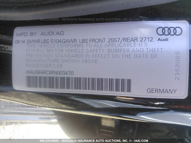 WAUGFAFCXFN003470 - 2015 AUDI A6 PREMIUM PLUS BLACK photo 9