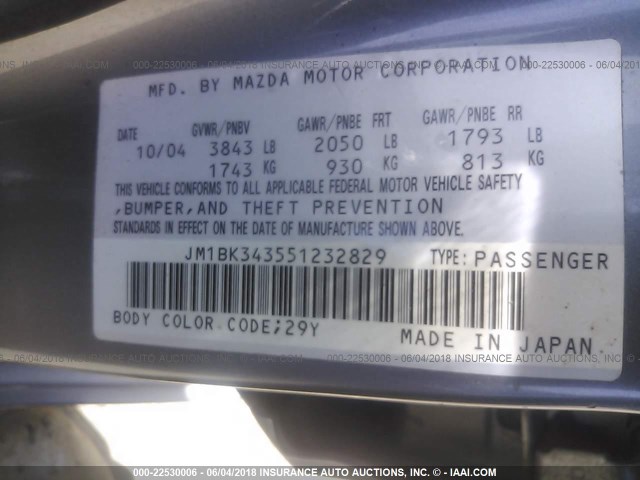 JM1BK343551232829 - 2005 MAZDA 3 HATCHBACK GRAY photo 9