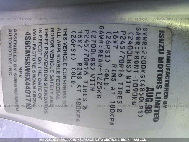 4S6CM58W6X4401713 - 1999 HONDA PASSPORT EX/LX Արծաթագույն լուսանկար 9