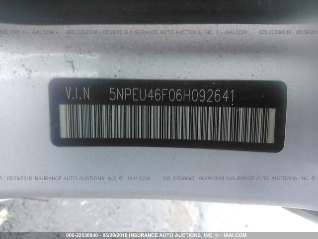 5NPEU46F06H092641 - 2006 HYUNDAI SONATA GLS/LX SILVER photo 9