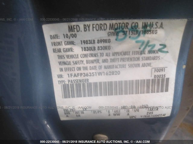 1FAFP36351W162820 - 2001 FORD FOCUS SE/SE COMFORT BLUE photo 9