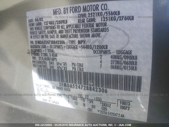 2FMDA52472BB42306 - 2002 FORD WINDSTAR SE TAN photo 9