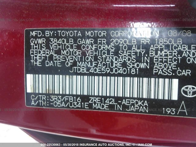 JTDBL40E59J040181 - 2009 TOYOTA COROLLA LE/XLE RED photo 9