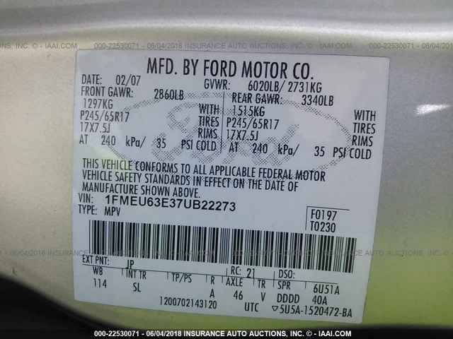 1FMEU63E37UB22273 - 2007 FORD EXPLORER XLT SILVER photo 9