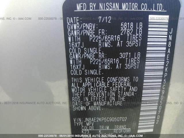 JN8AE2KP5C9050702 - 2012 NISSAN QUEST S/SV/SL/LE SILVER photo 9