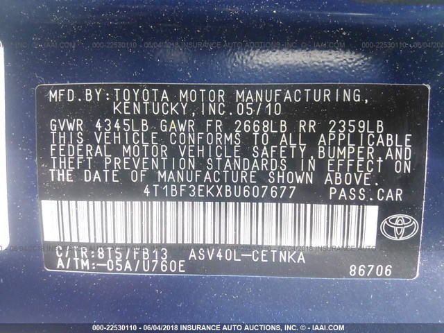 4T1BF3EKXBU607677 - 2011 TOYOTA CAMRY SE/LE/XLE BLUE photo 9