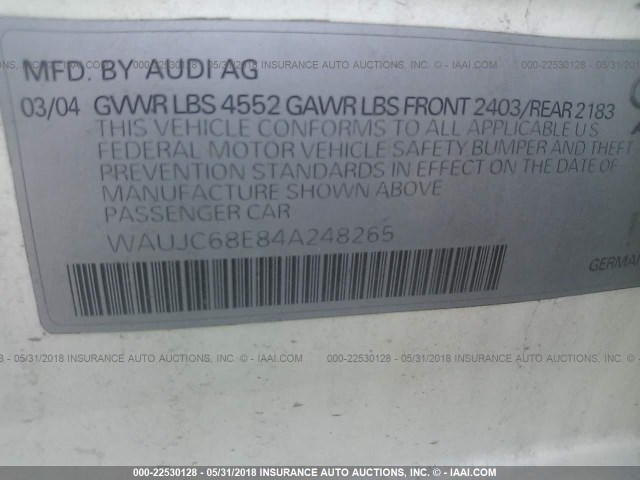 WAUJC68E84A248265 - 2004 AUDI A4 1.8T WHITE photo 9