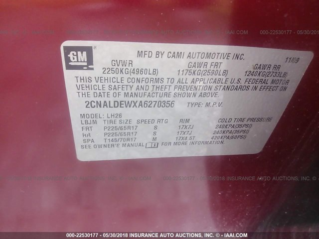 2CNALDEWXA6270356 - 2010 CHEVROLET EQUINOX LT RED photo 9