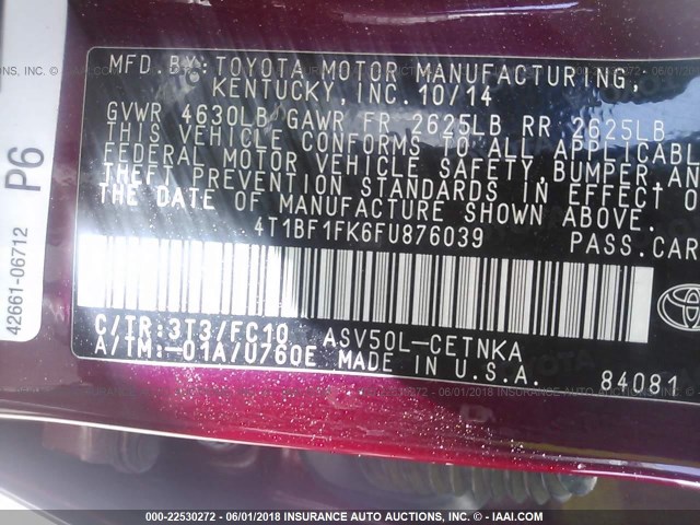 4T1BF1FK6FU876039 - 2015 TOYOTA CAMRY LE/XLE/SE/XSE RED photo 9