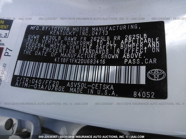 4T1BF1FK2DU683416 - 2013 TOYOTA CAMRY L/SE/LE/XLE 白色 照片 9