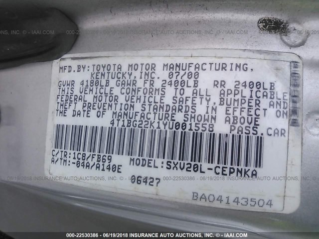 4T1BG22K1YU001558 - 2000 TOYOTA CAMRY CE/LE/XLE 银色 照片 9