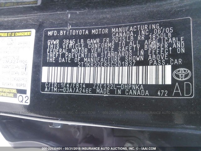 2T1KR32E85C501837 - 2005 TOYOTA COROLLA MATRIX XR BLACK photo 9