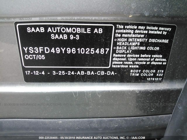 YS3FD49Y961025487 - 2006 SAAB 9-3 GRAY photo 9