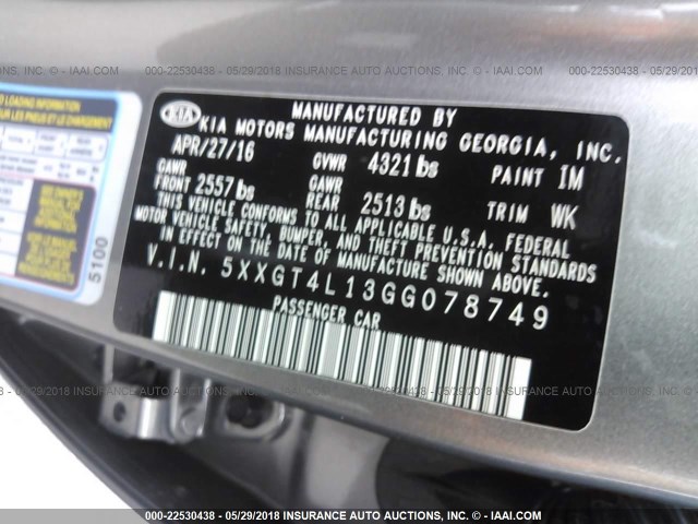 5XXGT4L13GG078749 - 2016 KIA OPTIMA LX 灰色 照片 9