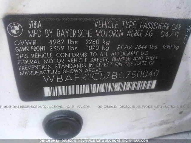 WBAFR1C57BC750040 - 2011 BMW 528 I WHITE photo 9