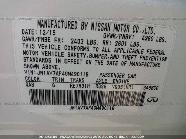 JN1AV7AP4GM490118 - 2016 INFINITI Q50 HYBRID WHITE photo 9