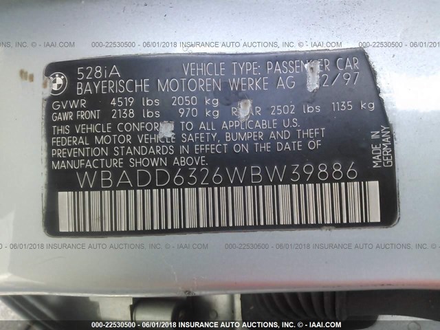 WBADD6326WBW39886 - 1998 BMW 528 I AUTOMATIC Light Blue photo 9