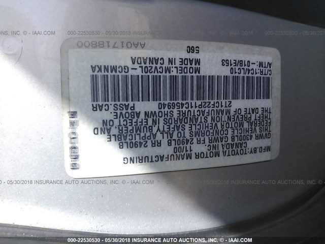 2T1CF22P11C456940 - 2001 TOYOTA CAMRY SOLARA SE/SLE ვერცხლისფერი ფოტო 9