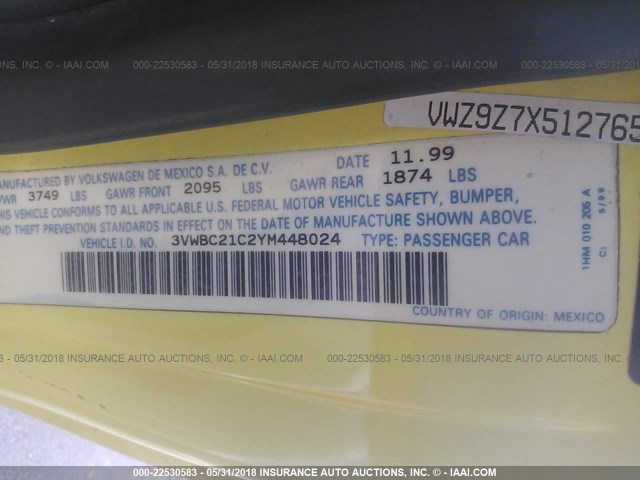 3VWBC21C2YM448024 - 2000 VOLKSWAGEN NEW BEETLE GL 黄色 照片 9