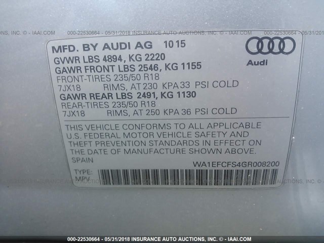 WA1EFCFS4GR008200 - 2016 AUDI Q3 PREMIUM PLUS SILVER photo 9