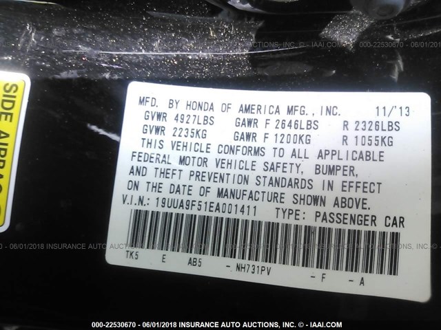 19UUA9F51EA001411 - 2014 ACURA TL TECH შავი ფოტო 9