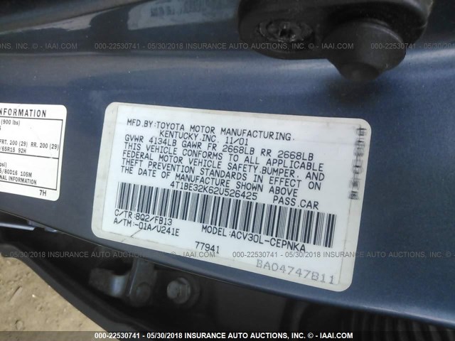 4T1BE32K62U526425 - 2002 TOYOTA CAMRY LE/XLE/SE ლურჯი ფოტო 9
