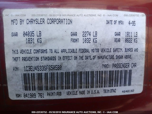 1C3EU4533SF650580 - 1995 CHRYSLER LEBARON GTC Қызыл фото 9