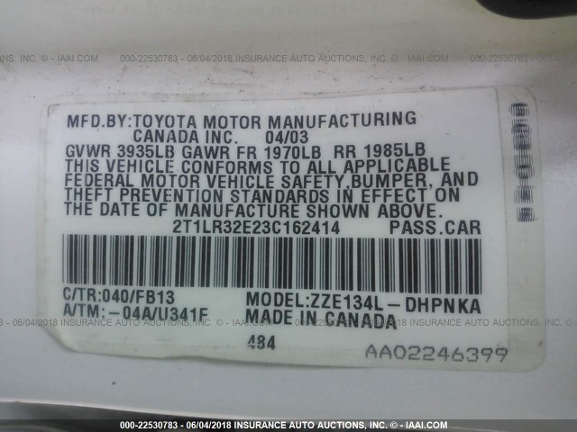 2T1LR32E23C162414 - 2003 TOYOTA COROLLA MATRIX XR WHITE photo 9