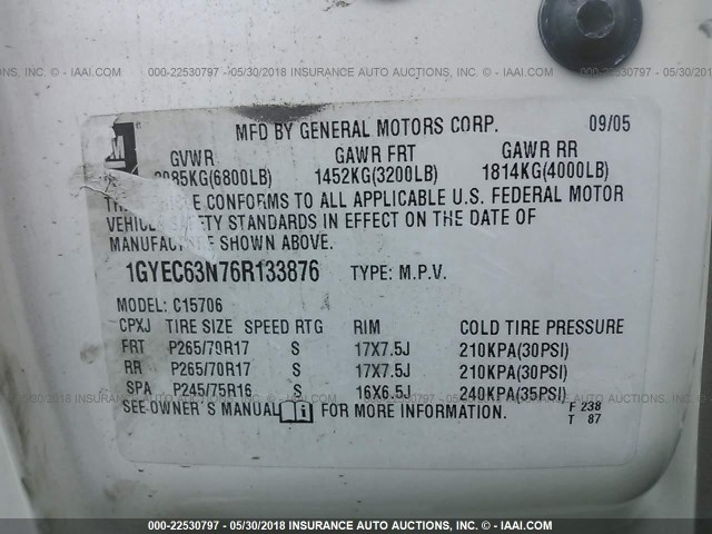 1GYEC63N76R133876 - 2006 CADILLAC ESCALADE LUXURY أبيض صورة 9