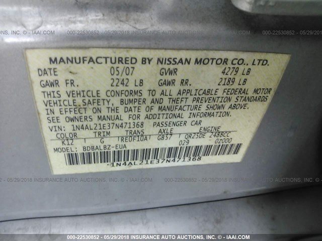 1N4AL21E37N471368 - 2007 NISSAN ALTIMA 2.5/2.5S SILVER photo 9