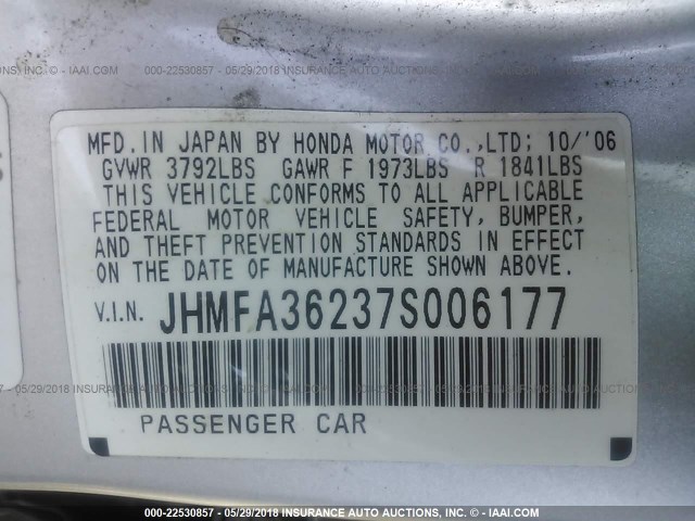 JHMFA36237S006177 - 2007 HONDA CIVIC HYBRID SILVER photo 9