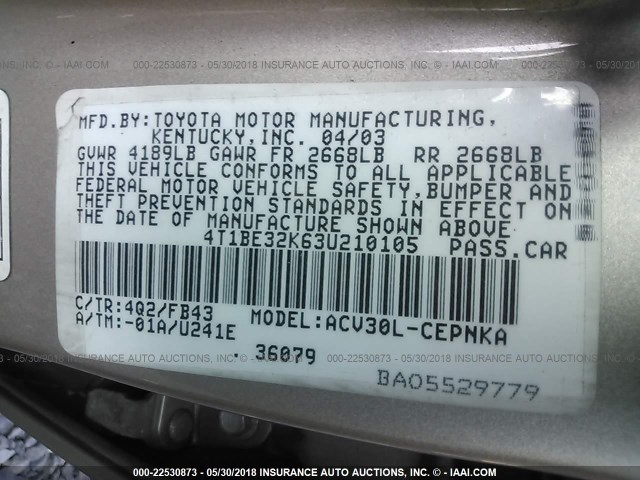 4T1BE32K63U210105 - 2003 TOYOTA CAMRY LE/XLE/SE 棕色 照片 9